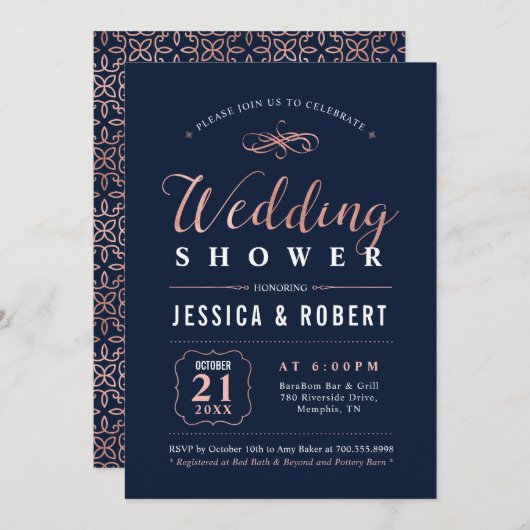 Invitation Or et noir rose | Élégant Wedding shower Couples (Devant / Derrière)