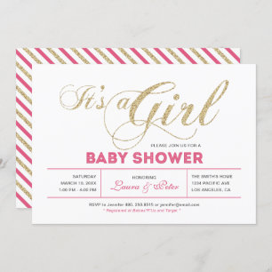 Invitation Or et rose   Fille, Baby shower de typographie chi