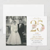 Invitation Or et Rose Floral 25ème Anniversaire (Devant / Derrière)