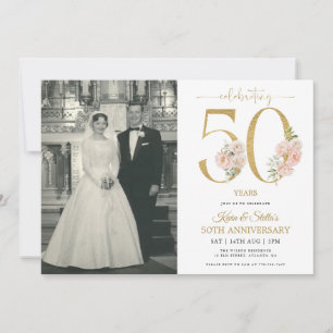 Invitation Or et Rose Floral 50e Anniversaire
