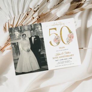 Invitation Or et Rose Floral 50e Anniversaire