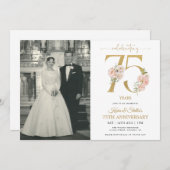 Invitation Or et rose floral 75e anniversaire (Devant / Derrière)