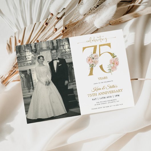 Invitation Or et Rose Floral 75e Anniversaire