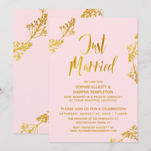 Invitation Or et Rose Mariage Réception de mariage après la c (Devant / Derrière)