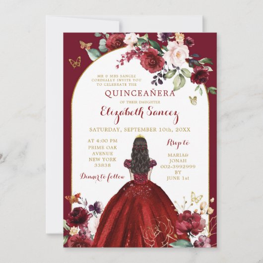 Invitation Or et roses rouges Floral Quinceañera (Devant)
