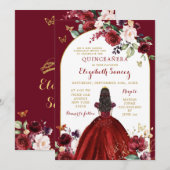 Invitation Or et roses rouges Floral Quinceañera (Devant / Derrière)