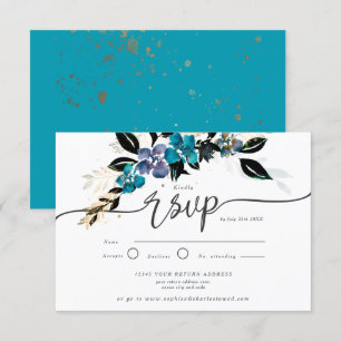 Invitation Or et turquoise, floral dramatique
