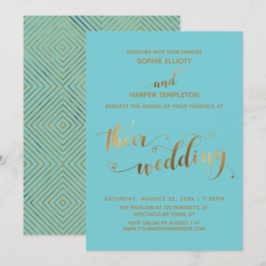 Invitation Or et Turquoise Leurs Cœurs de Mariage Script (Devant / Derrière)