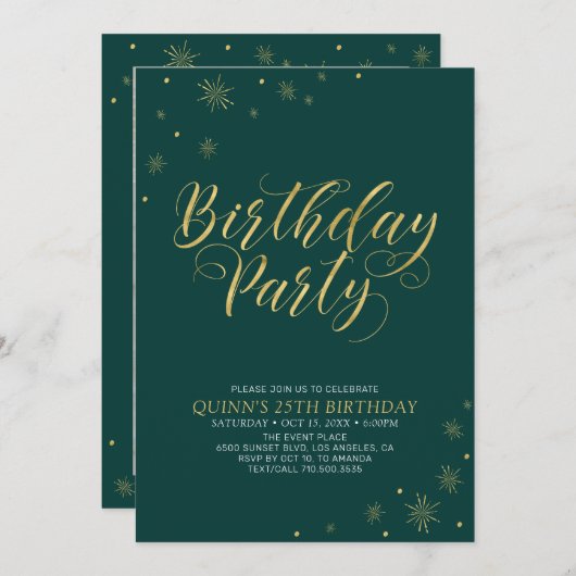 Invitation Or et vert | Modern Chic 25e fête d'anniversaire (Devant / Derrière)