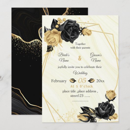 Invitation or & fleurs noires botanique mariage géométrique (Devant / Derrière)