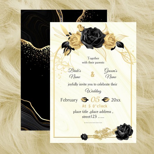 Invitation or & fleurs noires botanique mariage géométrique