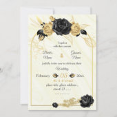 Invitation or & fleurs noires botanique mariage géométrique (Devant)