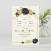 Invitation or & fleurs noires botanique mariage géométrique (Debout devant)