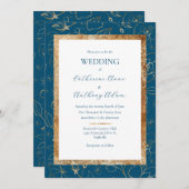 Invitation Or Floral bleu Mariage moderne (Devant / Derrière)