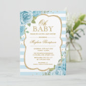 Invitation Or floral chic de bleu d'invitation de baby shower (Debout devant)