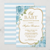 Invitation Or floral chic de bleu d'invitation de baby shower (Devant / Derrière)