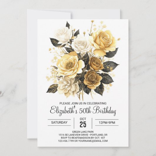 Invitation Or floral enchanté et noir 50e anniversaire (Devant)