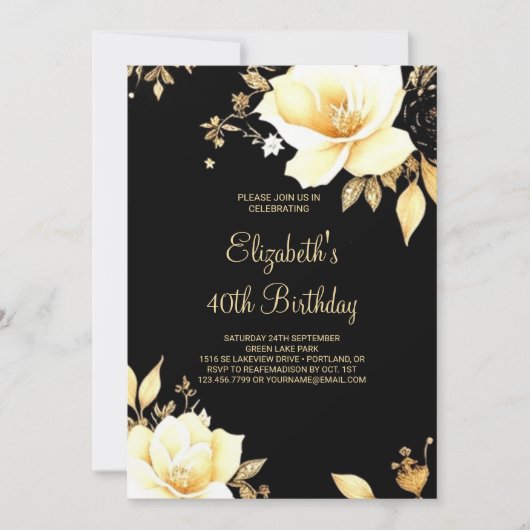 Invitation Or floral et noir Imprimable 40e anniversaire (Devant)