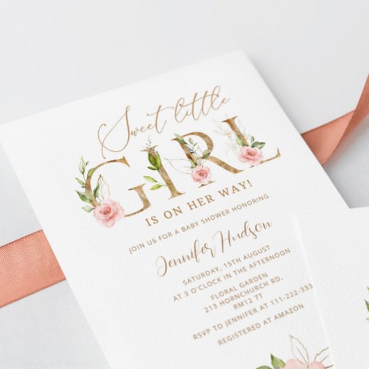 Invitation Or floral floral doux petit baby shower fille