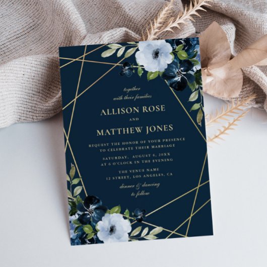 Invitation or floral géométrique et mariage bleu marine