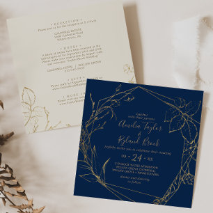 Invitation Or Floral Gilal Marine tout en un Mariage Carré