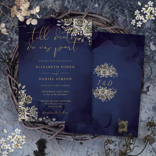 Invitation Or Floral Gothique Et Mariage Bleu De Minuit