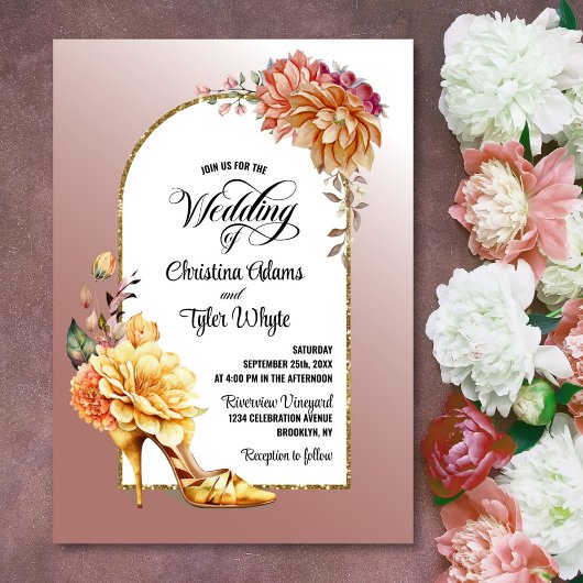 Invitation Or Floral haut talon rose vif Mariage d'arc
