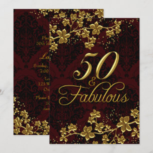 Invitation Or Floral Rouge Foncé 50 Anniversaire Fabuleux