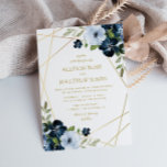 Invitation or géométrique floral marine bleu mariage<br><div class="desc">Cadre géométrique et fleurs d'aquarelle avec des caractéristiques modifiables telles que le texte,  les couleurs,  le libellé,  le type de papier et la taille du papier.</div>