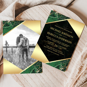 Invitation Or Géométrique Marbre Émeraude Vert Photo Mariage