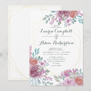 Invitation Or Géométrique Rustique Floral Bourgogne