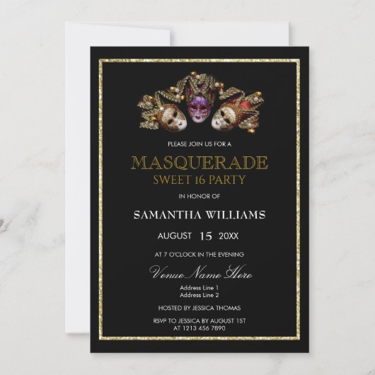 Invitation Or Glamour Brillant Mascarade Douce 16 (Devant)