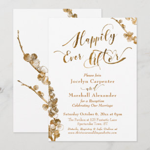 Invitation Or Heureux À Tout Jamais avec des Plantes sur Fond