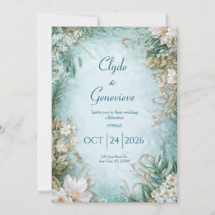 Invitation Or Hiver Floral Salvia Vert Poudre Bleu Mariage