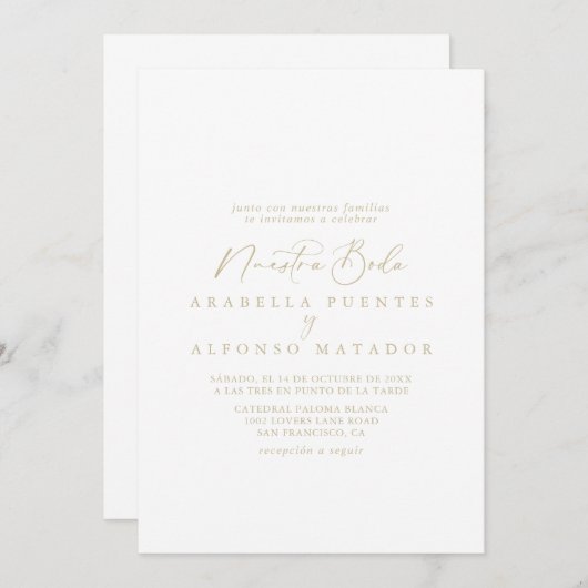 Invitation Or Idyllique calligraphie Nuestra Boda Mariage (Devant / Derrière)