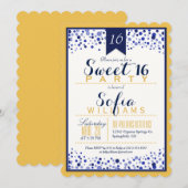 Invitation Or jaune, blanc, bleu marine Sweet 16 Party (Devant / Derrière)