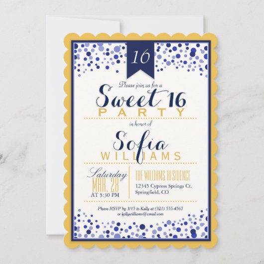 Invitation Or jaune, blanc, bleu marine Sweet 16 Party (Devant)