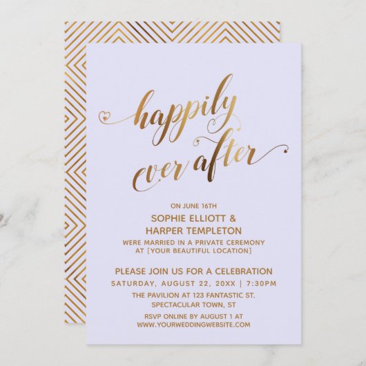 Invitation Or & Lavande Heureux Jamais Après Mariage Post (Devant / Derrière)