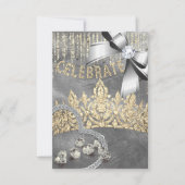 Invitation Or léger argenté avec couronne diamants bleus fête (Devant)