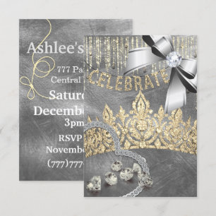 Invitation Or léger argenté avec couronne diamants bleus pour