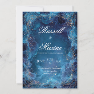 Invitation Or Liquide Céleste Bleu Fumée Mariage d'Hiver