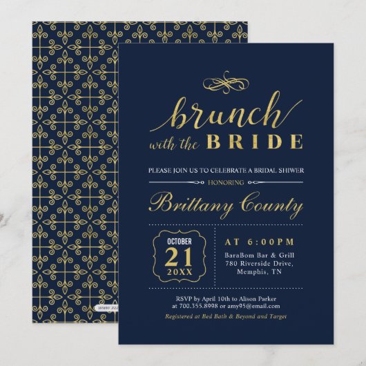 Invitation Or | Mariage Élégant Brunch de Mariée (Devant / Derrière)