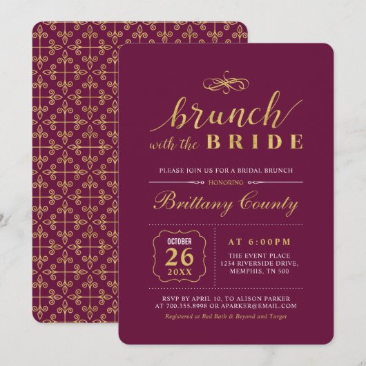 Invitation Or | Mariage Élégant Brunch de Mariée (Devant / Derrière)