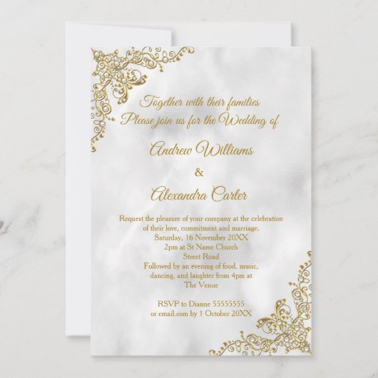 Invitation or mariage Marbre blanc perle argent (Devant)
