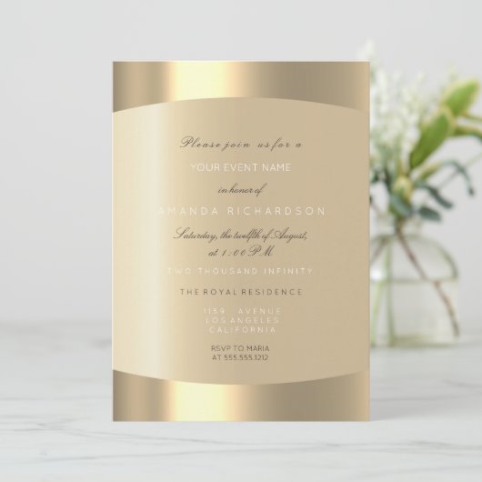 Invitation Or minimal Champagne Or noir Confettis Sépia Ivoir (Debout devant)