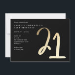 Invitation Or minimaliste moderne Type 21e anniversaire<br><div class="desc">L'invitation minimaliste moderne de 21e anniversaire comprend un faux numéro de feuille d'or stylisé manuscrit script 21 et les détails de votre fête dans la police serif classique sur couleur arrière - plan noir, simple et élégant, grande surprise d'invitation d'anniversaire adulte pour les hommes et les femmes. La couleur noire...</div>
