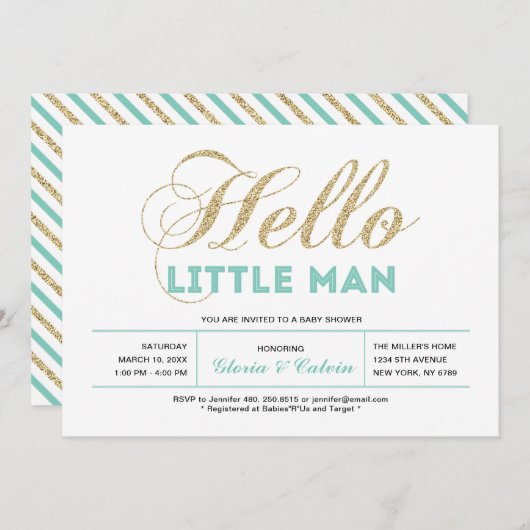 Invitation Or, Mint | Typographie moderne Baby shower garçon (Devant / Derrière)