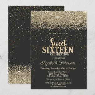 Invitation Or Moderne Diamants Confettis Noir Sweet 16