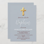 Invitation Or Moderne Simple Dusty Croix Bleue Baptême (Devant / Derrière)