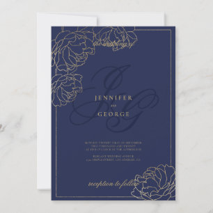 Invitation Or monogramme initiales floral mariage bleu marine